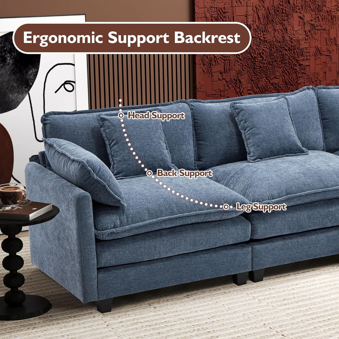 146" U-Shaped Modern Sofa Modular Sectional Cloud Couch with 2 Ottoman, 6-Seat Chenille Deep Seat Sofa with 6 Pillows for Living Room, Bedroom and Apartment, Grey