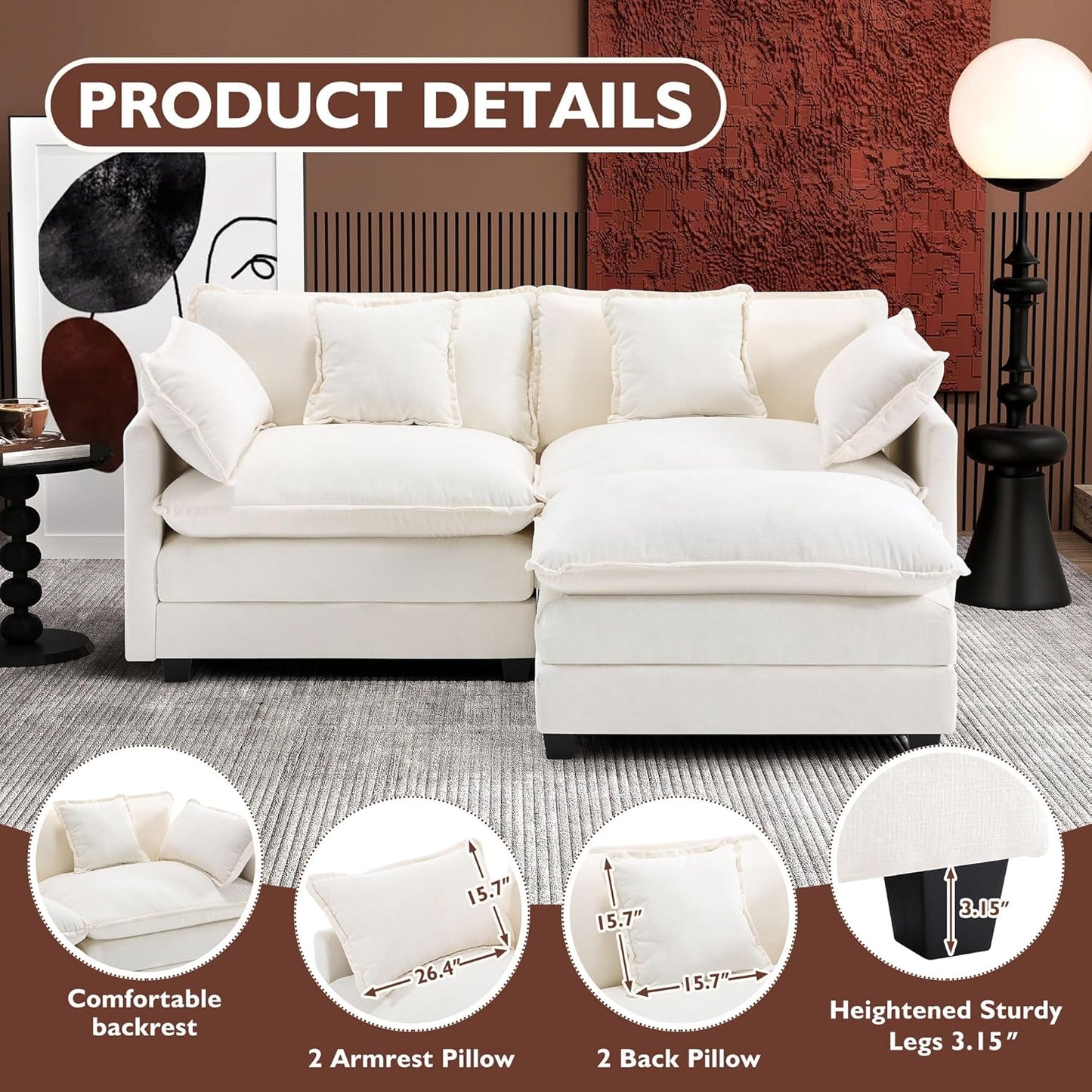 146" U-Shaped Modern Sofa Modular Sectional Cloud Couch with 2 Ottoman, 6-Seat Chenille Deep Seat Sofa with 6 Pillows for Living Room, Bedroom and Apartment, Grey