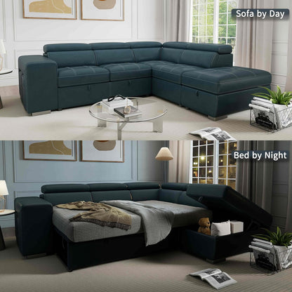 104'' Microfiber L Shaped Sectional Sleeper Sofa Couch with Pull Out Bed and Storage Ottoman, Convertible Couches with Adjustable Headrest for Living Room, Right Facing Chaise. Beige