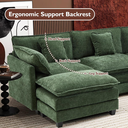 146" U-Shaped Modern Sofa Modular Sectional Cloud Couch with 2 Ottoman, 6-Seat Chenille Deep Seat Sofa with 6 Pillows for Living Room, Bedroom and Apartment, Grey