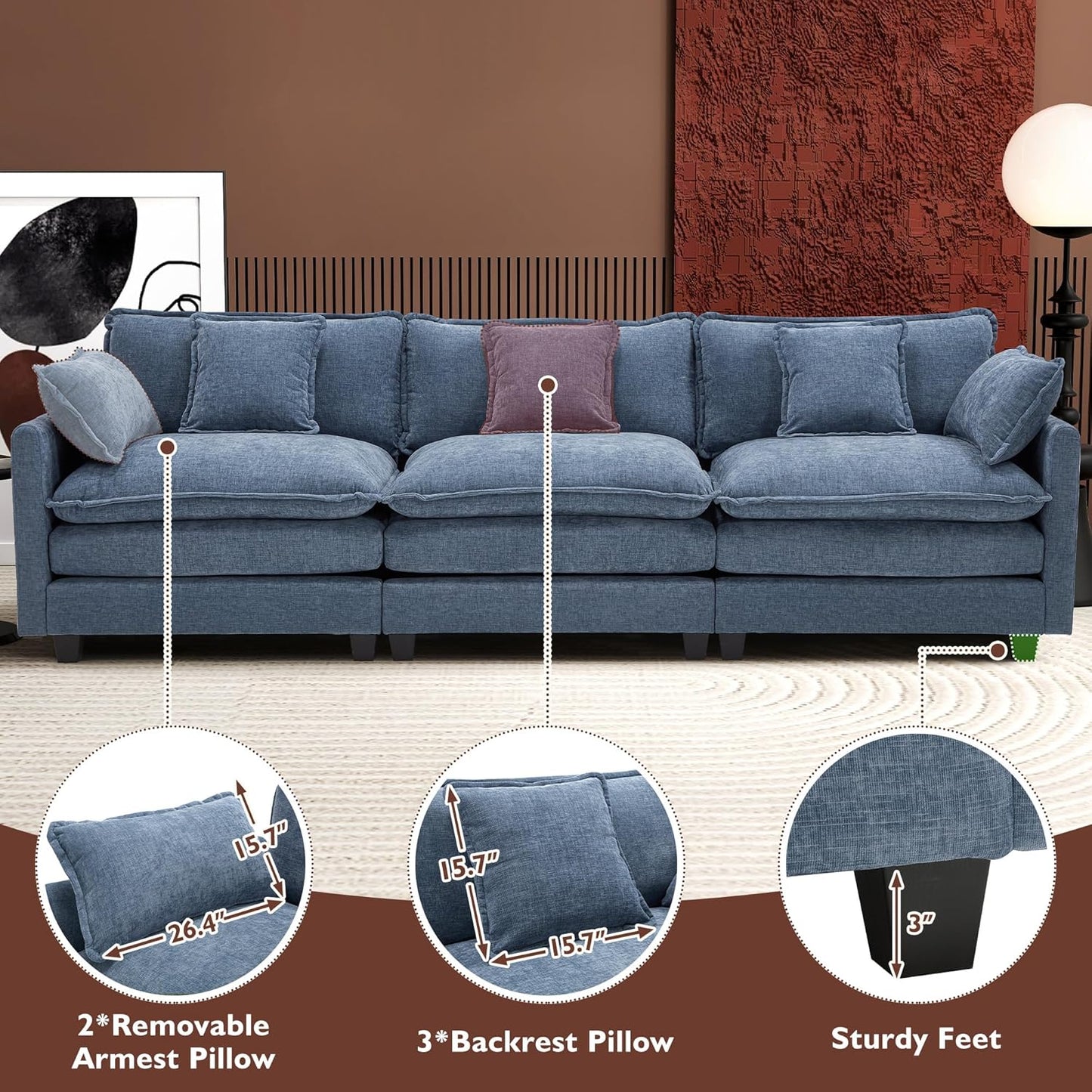 146" U-Shaped Modern Sofa Modular Sectional Cloud Couch with 2 Ottoman, 6-Seat Chenille Deep Seat Sofa with 6 Pillows for Living Room, Bedroom and Apartment, Grey