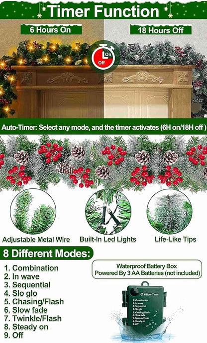 9 Ft by 10 Inch 50 LED Prelit Christmas Garland Decorations Warm White Lights Thick 270 Snowy Tips 70 Red Berry 10 Pinecone Xmas Decor Garland Indoor
