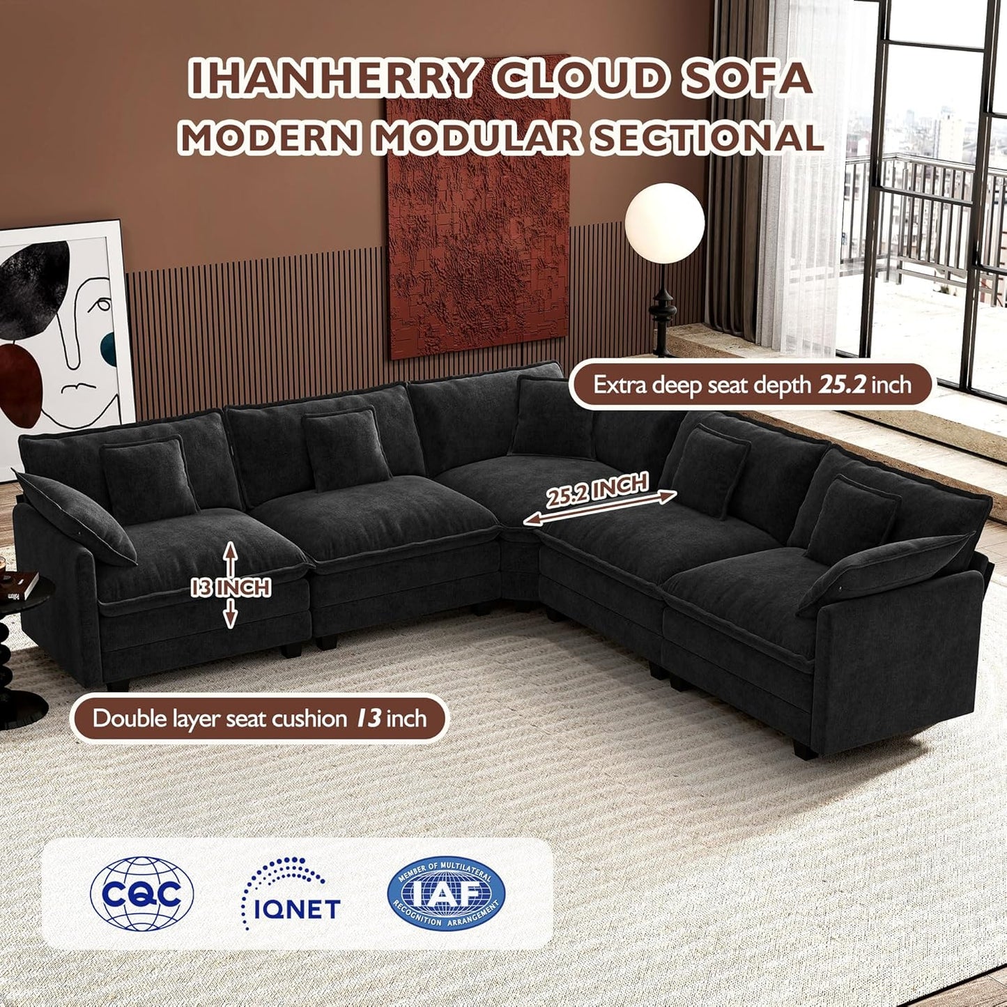 146" U-Shaped Modern Sofa Modular Sectional Cloud Couch with 2 Ottoman, 6-Seat Chenille Deep Seat Sofa with 6 Pillows for Living Room, Bedroom and Apartment, Grey