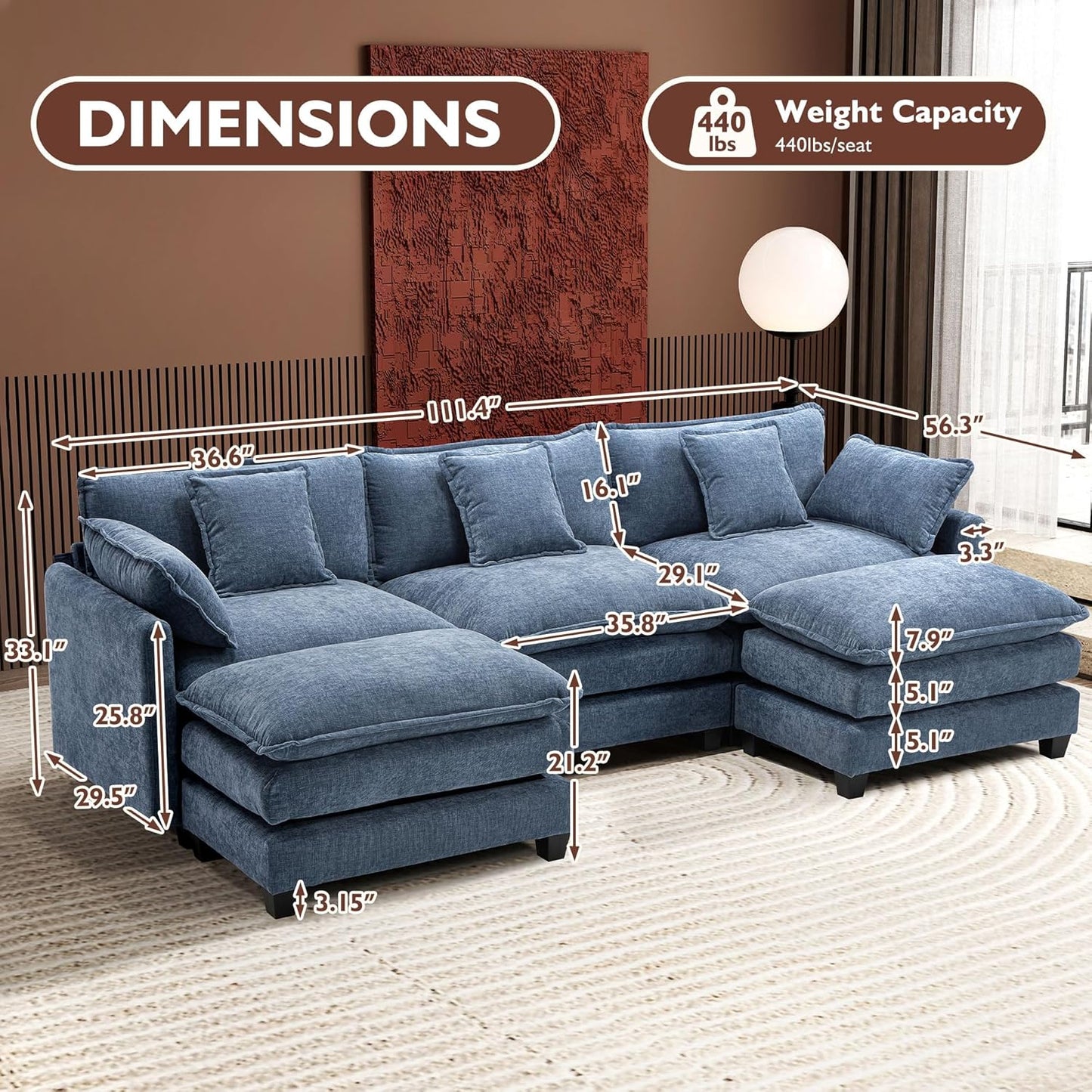 146" U-Shaped Modern Sofa Modular Sectional Cloud Couch with 2 Ottoman, 6-Seat Chenille Deep Seat Sofa with 6 Pillows for Living Room, Bedroom and Apartment, Grey