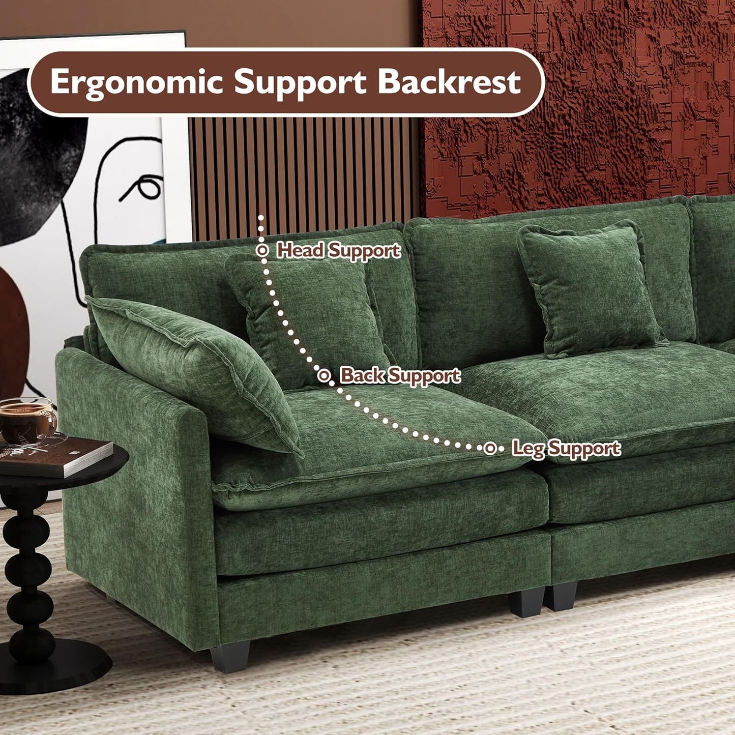 146" U-Shaped Modern Sofa Modular Sectional Cloud Couch with 2 Ottoman, 6-Seat Chenille Deep Seat Sofa with 6 Pillows for Living Room, Bedroom and Apartment, Grey