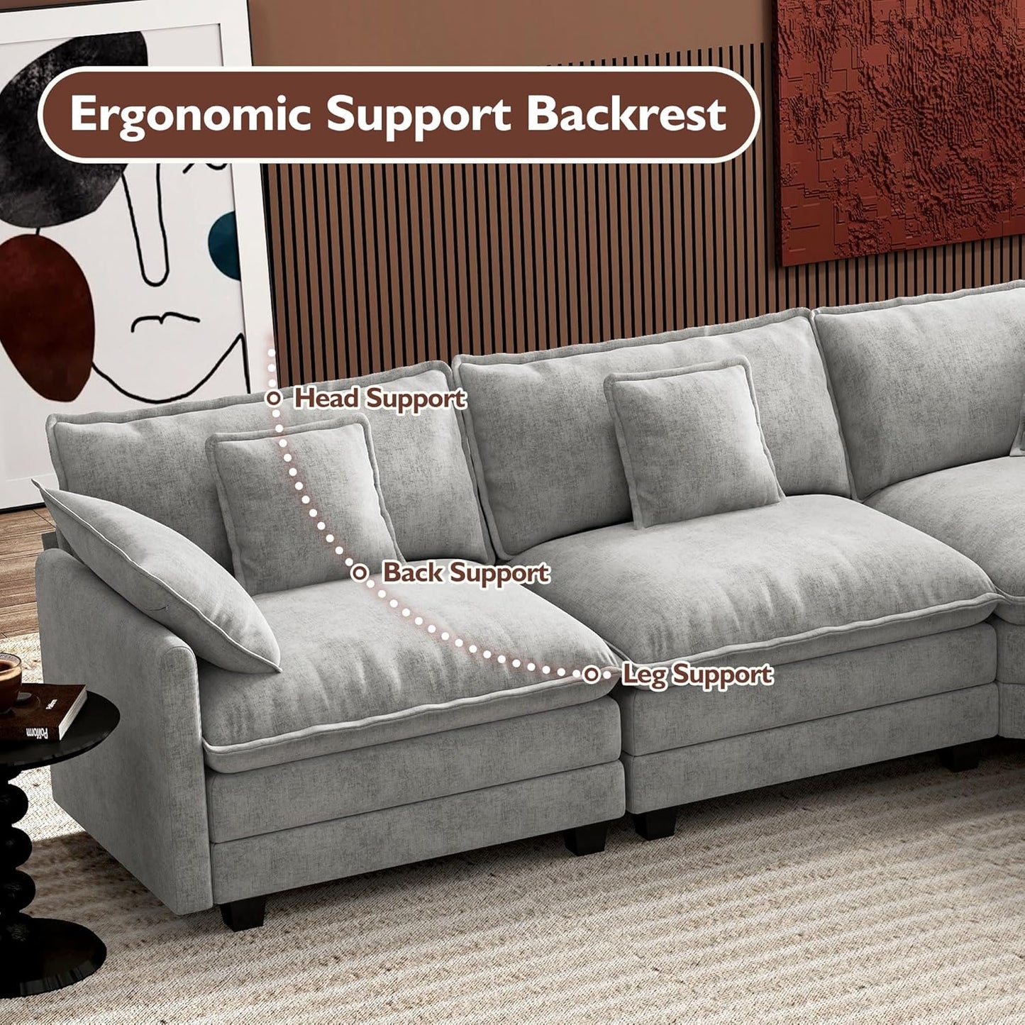 146" U-Shaped Modern Sofa Modular Sectional Cloud Couch with 2 Ottoman, 6-Seat Chenille Deep Seat Sofa with 6 Pillows for Living Room, Bedroom and Apartment, Grey