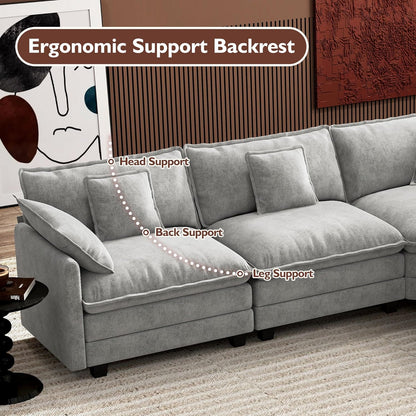 146" U-Shaped Modern Sofa Modular Sectional Cloud Couch with 2 Ottoman, 6-Seat Chenille Deep Seat Sofa with 6 Pillows for Living Room, Bedroom and Apartment, Grey