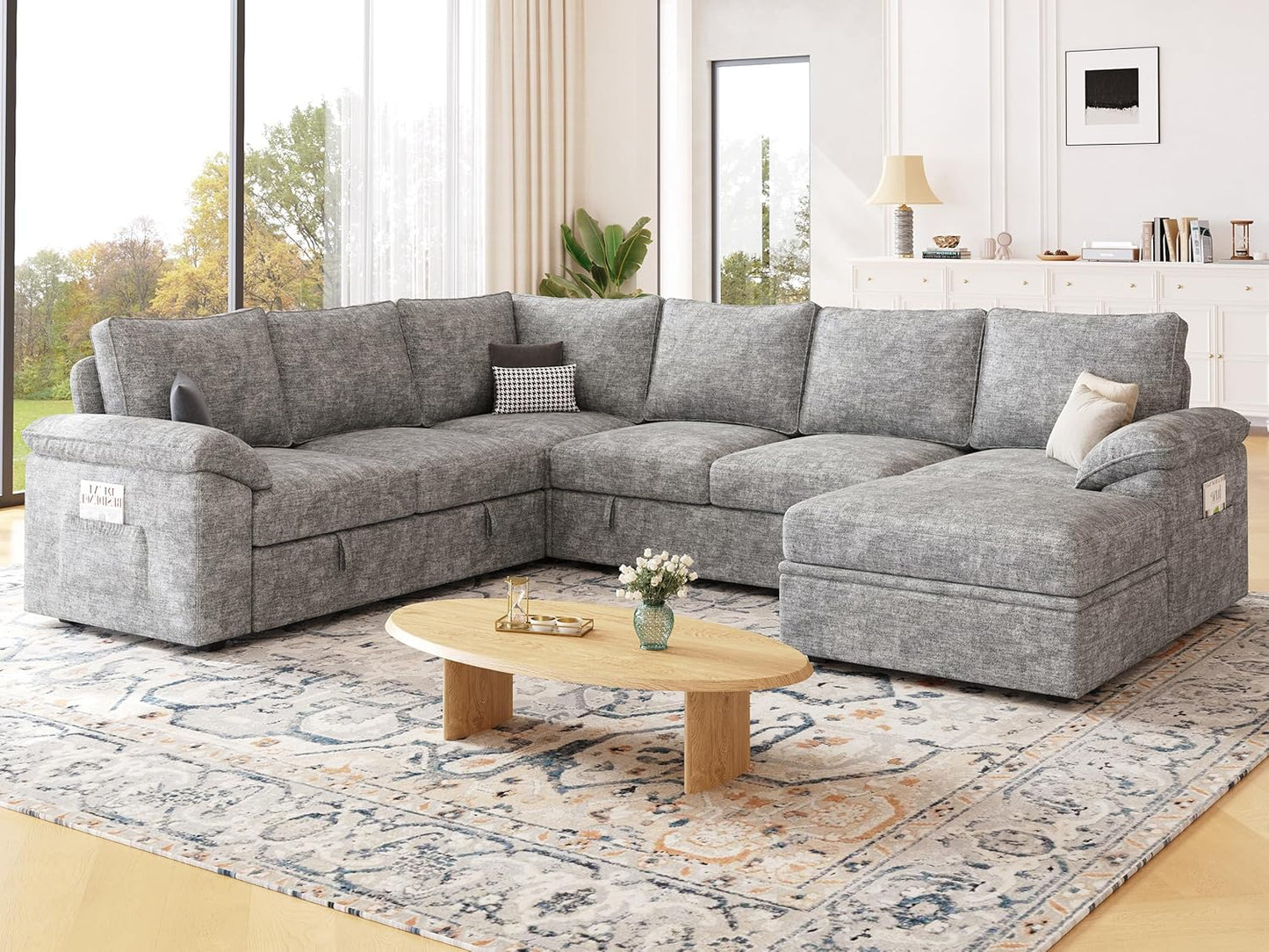 108 Inch Sectional Sleeper Sofa with Pull Out Bed, U Shaped 7 Seat Modular Sectional Sofa with Storage, Sectional Couches for Living Room, Cloud Modular Couch,Removable Sofa Cover, Dark Grey
