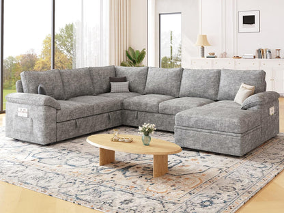 108 Inch Sectional Sleeper Sofa with Pull Out Bed, U Shaped 7 Seat Modular Sectional Sofa with Storage, Sectional Couches for Living Room, Cloud Modular Couch,Removable Sofa Cover, Dark Grey