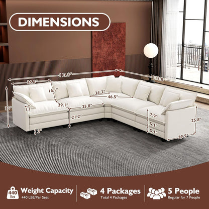 146" U-Shaped Modern Sofa Modular Sectional Cloud Couch with 2 Ottoman, 6-Seat Chenille Deep Seat Sofa with 6 Pillows for Living Room, Bedroom and Apartment, Grey