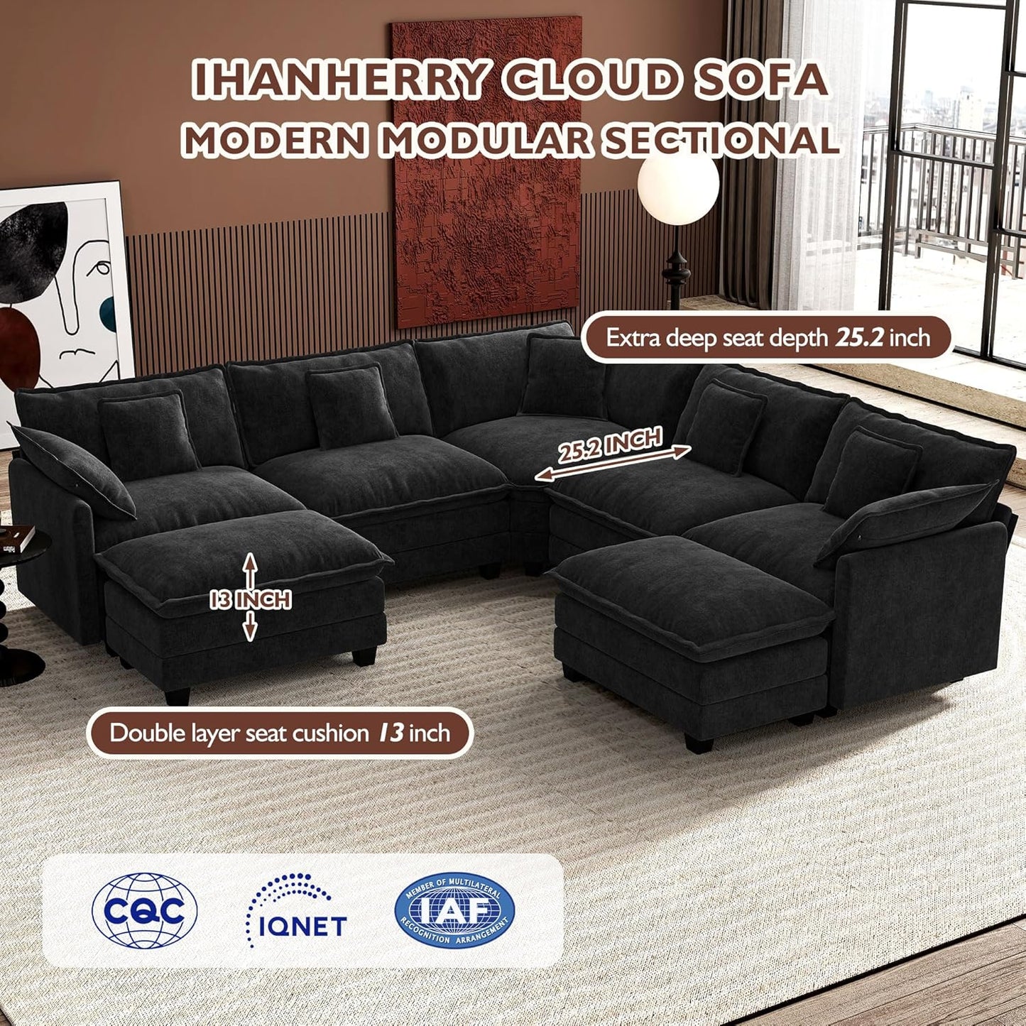 146" U-Shaped Modern Sofa Modular Sectional Cloud Couch with 2 Ottoman, 6-Seat Chenille Deep Seat Sofa with 6 Pillows for Living Room, Bedroom and Apartment, Grey