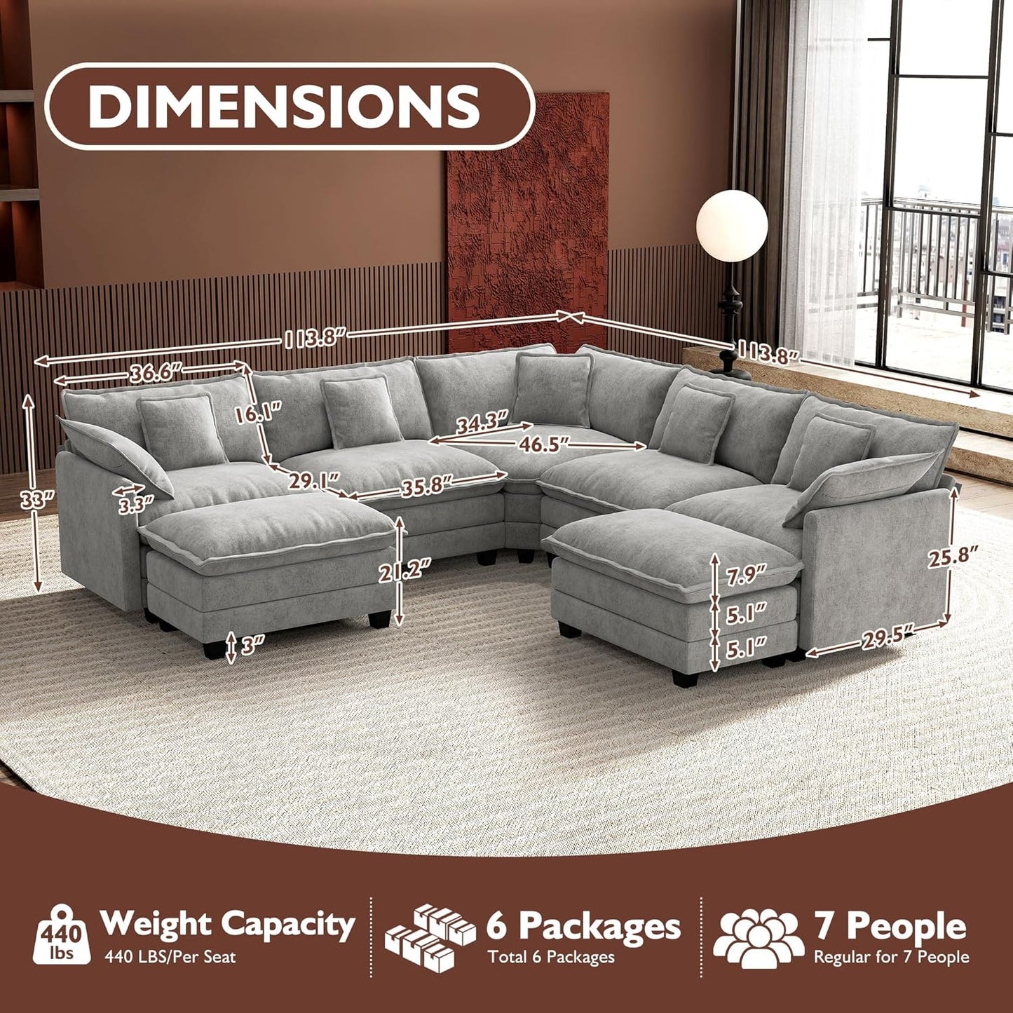 146" U-Shaped Modern Sofa Modular Sectional Cloud Couch with 2 Ottoman, 6-Seat Chenille Deep Seat Sofa with 6 Pillows for Living Room, Bedroom and Apartment, Grey