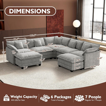 146" U-Shaped Modern Sofa Modular Sectional Cloud Couch with 2 Ottoman, 6-Seat Chenille Deep Seat Sofa with 6 Pillows for Living Room, Bedroom and Apartment, Grey