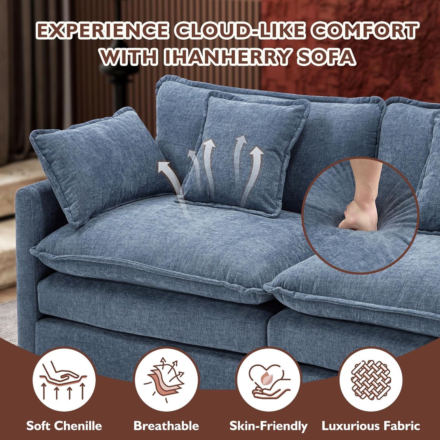146" U-Shaped Modern Sofa Modular Sectional Cloud Couch with 2 Ottoman, 6-Seat Chenille Deep Seat Sofa with 6 Pillows for Living Room, Bedroom and Apartment, Grey