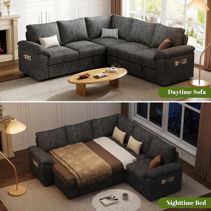 108 Inch Sectional Sleeper Sofa with Pull Out Bed, U Shaped 7 Seat Modular Sectional Sofa with Storage, Sectional Couches for Living Room, Cloud Modular Couch,Removable Sofa Cover, Dark Grey