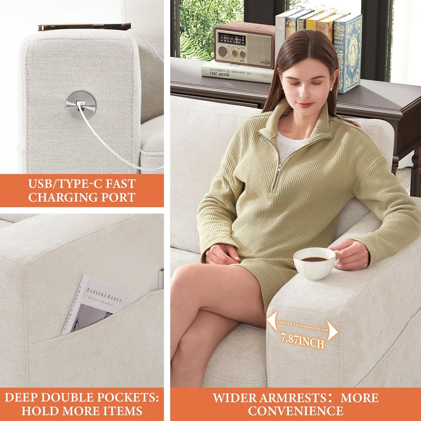 146" U-Shaped Modern Sofa Modular Sectional Cloud Couch with 2 Ottoman, 6-Seat Chenille Deep Seat Sofa with 6 Pillows for Living Room, Bedroom and Apartment, Grey