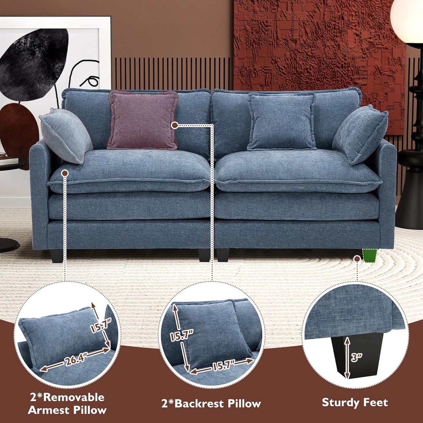 146" U-Shaped Modern Sofa Modular Sectional Cloud Couch with 2 Ottoman, 6-Seat Chenille Deep Seat Sofa with 6 Pillows for Living Room, Bedroom and Apartment, Grey