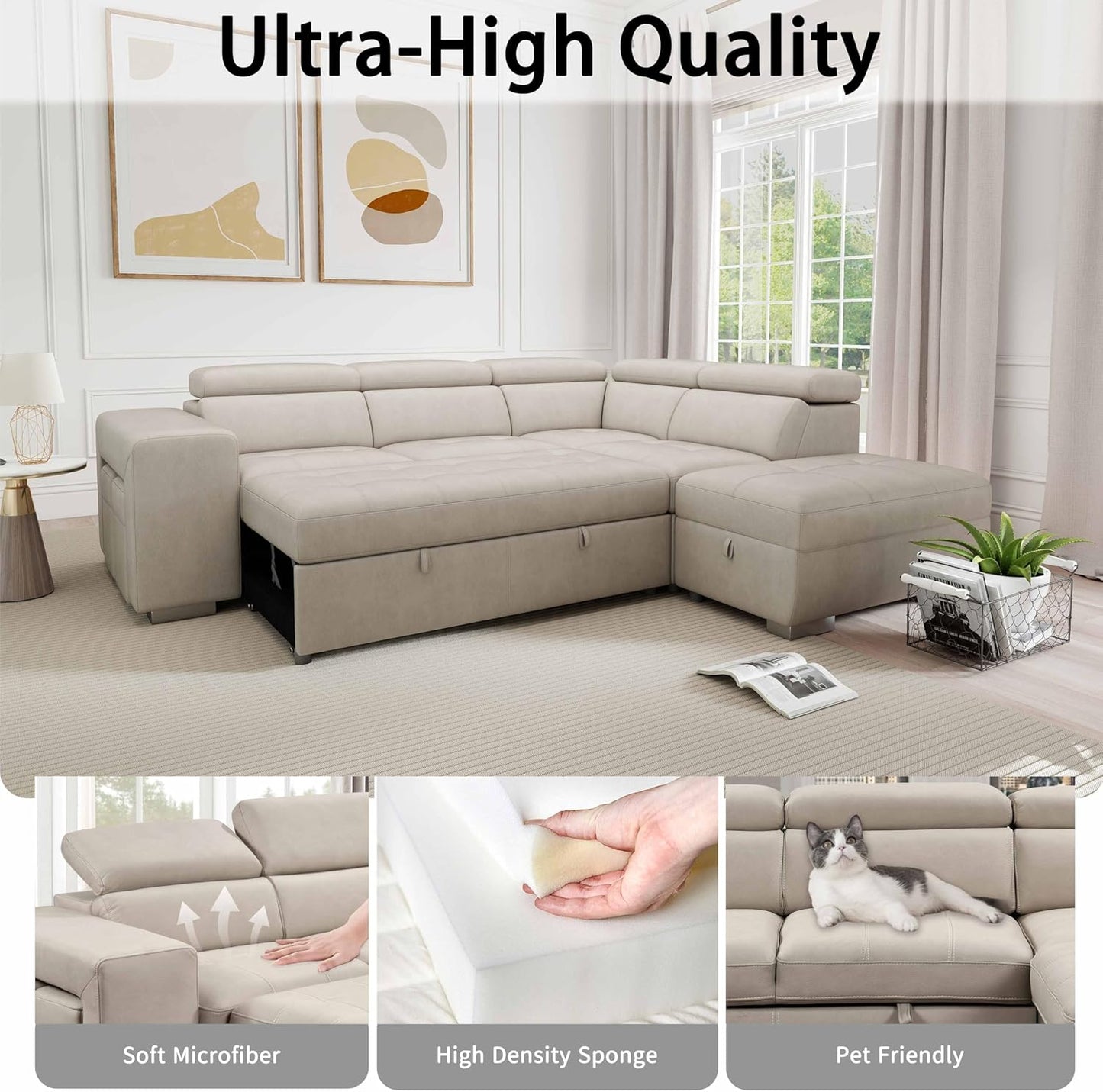104'' Microfiber L Shaped Sectional Sleeper Sofa Couch with Pull Out Bed and Storage Ottoman, Convertible Couches with Adjustable Headrest for Living Room, Right Facing Chaise. Beige
