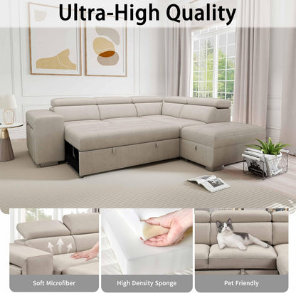 104'' Microfiber L Shaped Sectional Sleeper Sofa Couch with Pull Out Bed and Storage Ottoman, Convertible Couches with Adjustable Headrest for Living Room, Right Facing Chaise. Beige