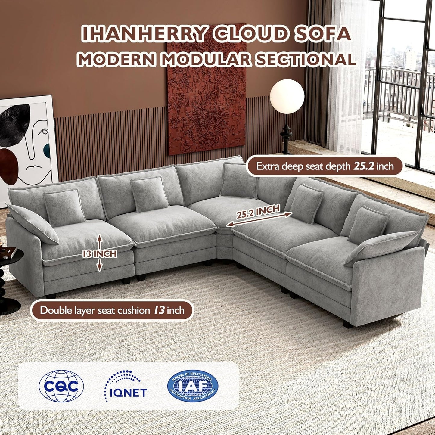 146" U-Shaped Modern Sofa Modular Sectional Cloud Couch with 2 Ottoman, 6-Seat Chenille Deep Seat Sofa with 6 Pillows for Living Room, Bedroom and Apartment, Grey