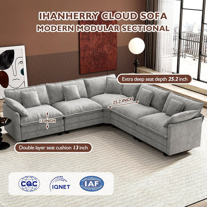 146" U-Shaped Modern Sofa Modular Sectional Cloud Couch with 2 Ottoman, 6-Seat Chenille Deep Seat Sofa with 6 Pillows for Living Room, Bedroom and Apartment, Grey