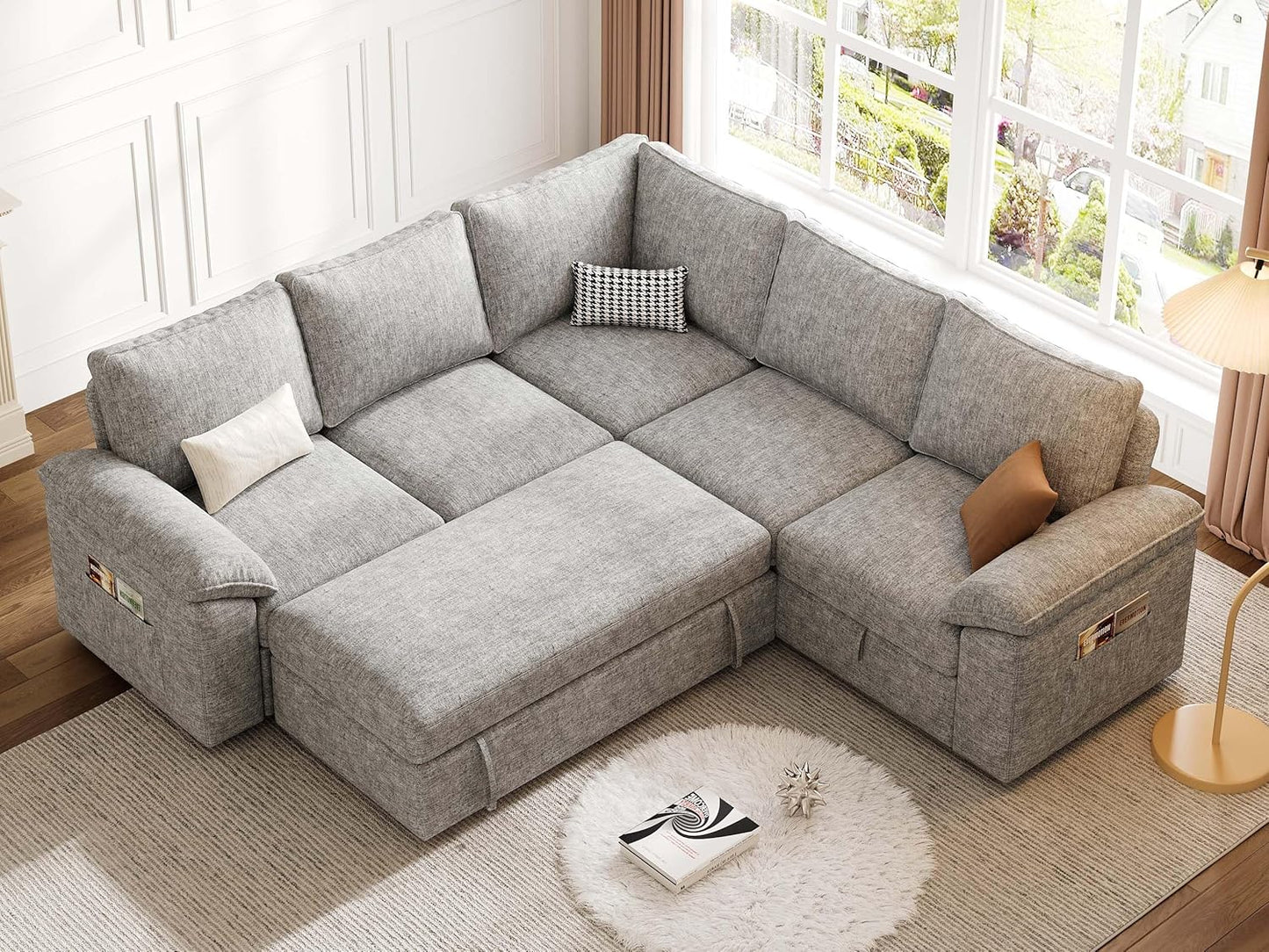 108 Inch Sectional Sleeper Sofa with Pull Out Bed, U Shaped 7 Seat Modular Sectional Sofa with Storage, Sectional Couches for Living Room, Cloud Modular Couch,Removable Sofa Cover, Dark Grey