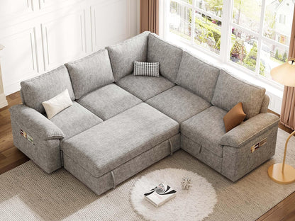 108 Inch Sectional Sleeper Sofa with Pull Out Bed, U Shaped 7 Seat Modular Sectional Sofa with Storage, Sectional Couches for Living Room, Cloud Modular Couch,Removable Sofa Cover, Dark Grey