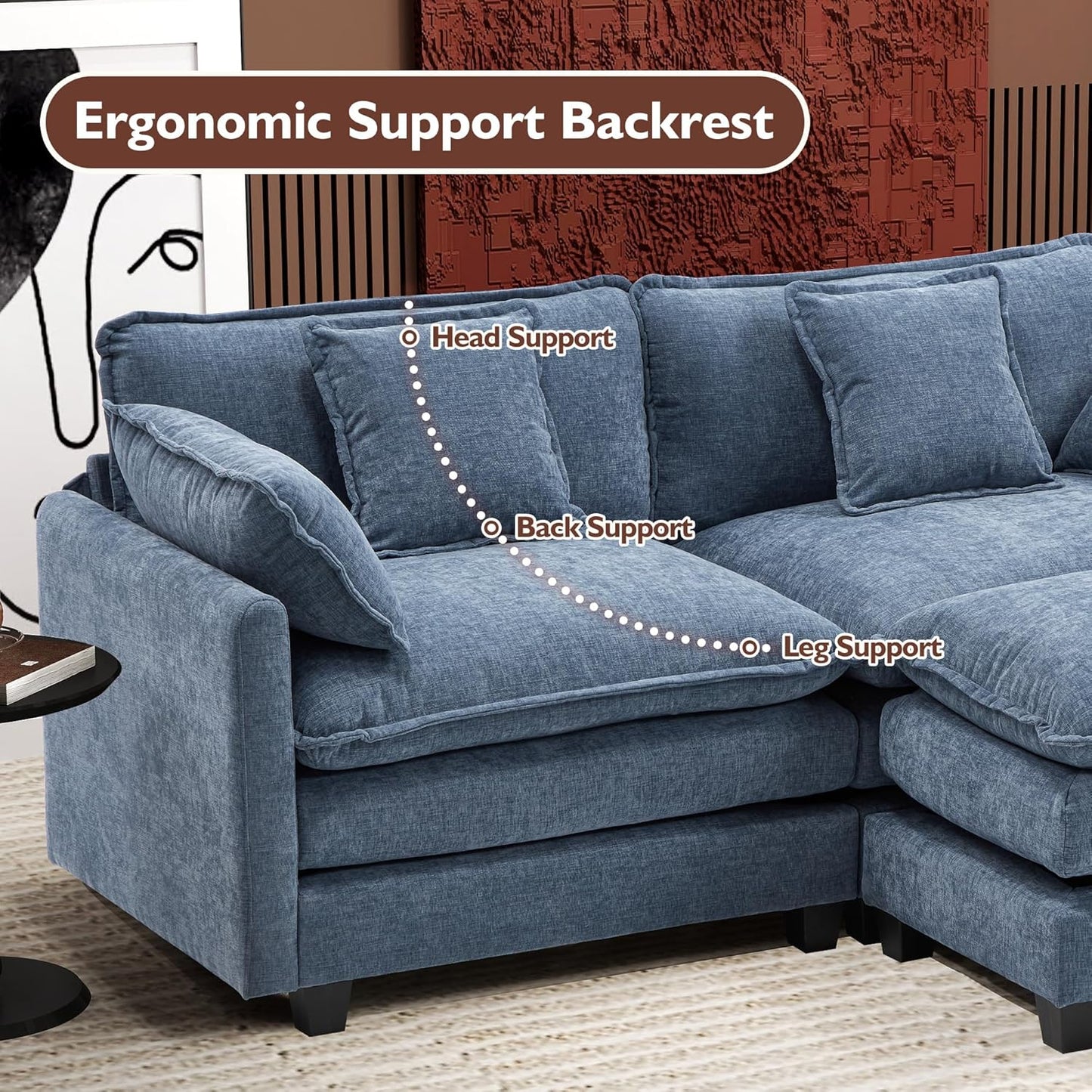 146" U-Shaped Modern Sofa Modular Sectional Cloud Couch with 2 Ottoman, 6-Seat Chenille Deep Seat Sofa with 6 Pillows for Living Room, Bedroom and Apartment, Grey