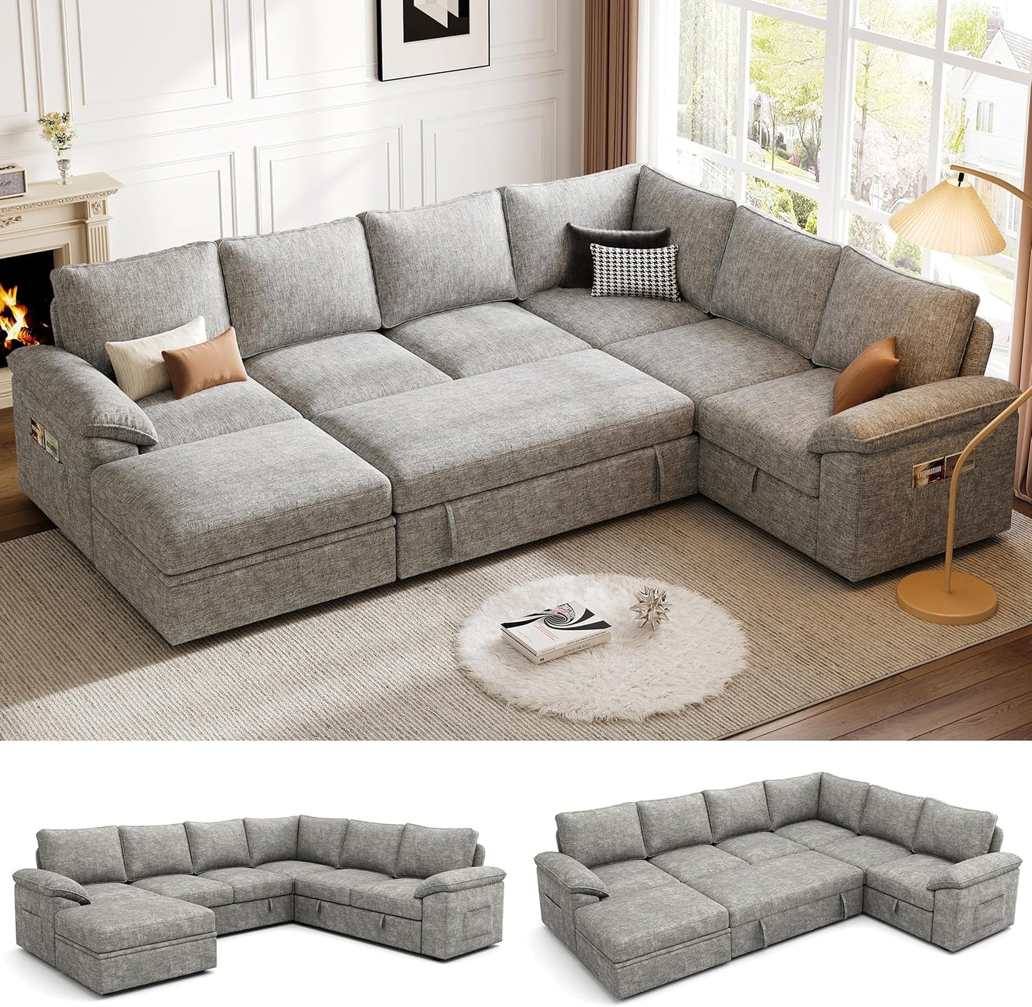 108 Inch Sectional Sleeper Sofa with Pull Out Bed, U Shaped 7 Seat Modular Sectional Sofa with Storage, Sectional Couches for Living Room, Cloud Modular Couch,Removable Sofa Cover, Dark Grey