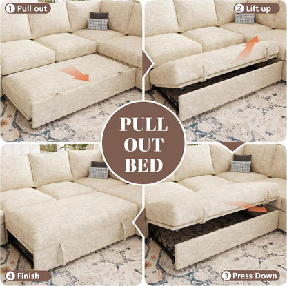 108 Inch Sectional Sleeper Sofa with Pull Out Bed, U Shaped 7 Seat Modular Sectional Sofa with Storage, Sectional Couches for Living Room, Cloud Modular Couch,Removable Sofa Cover, Dark Grey