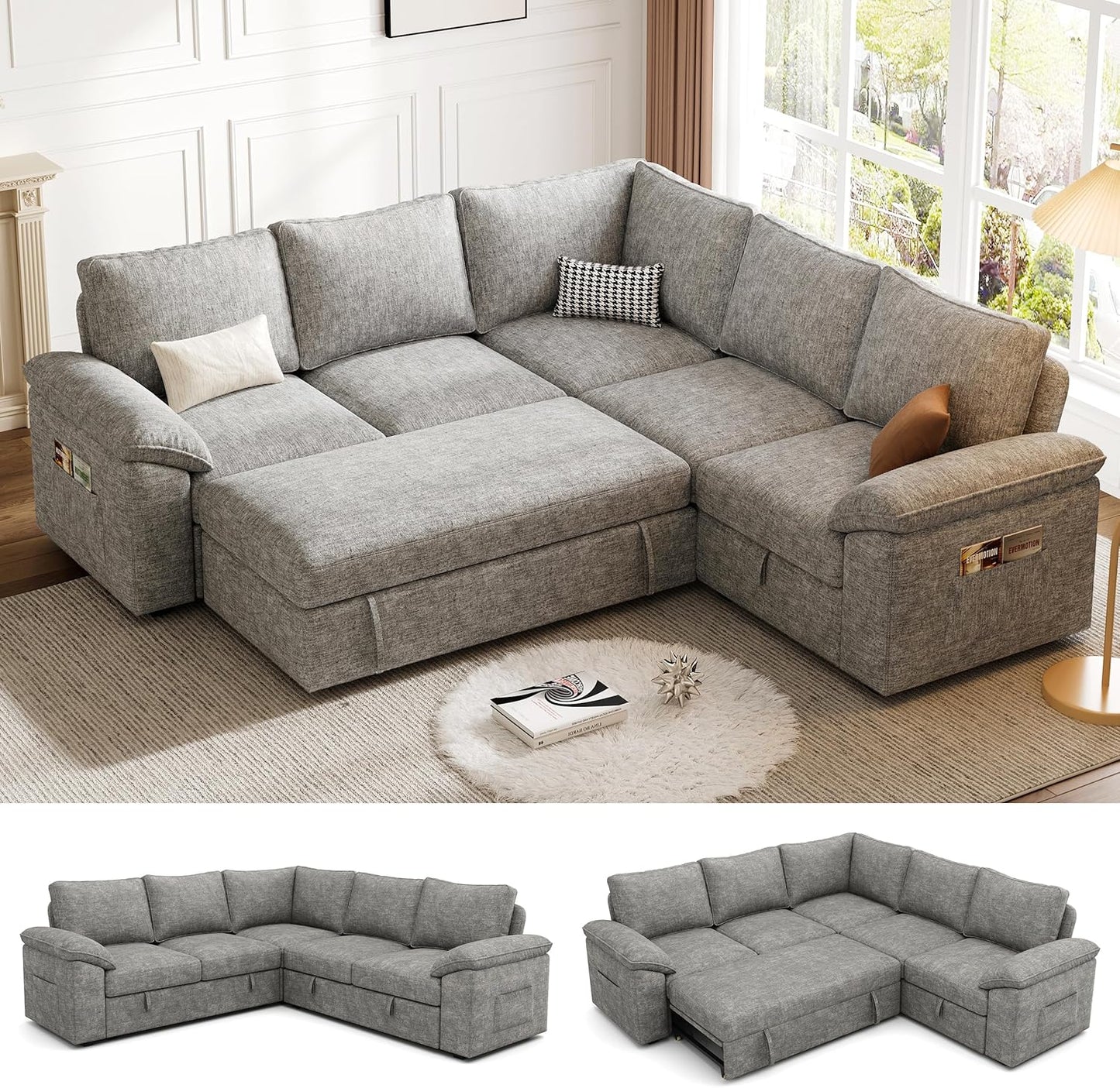 108 Inch Sectional Sleeper Sofa with Pull Out Bed, U Shaped 7 Seat Modular Sectional Sofa with Storage, Sectional Couches for Living Room, Cloud Modular Couch,Removable Sofa Cover, Dark Grey