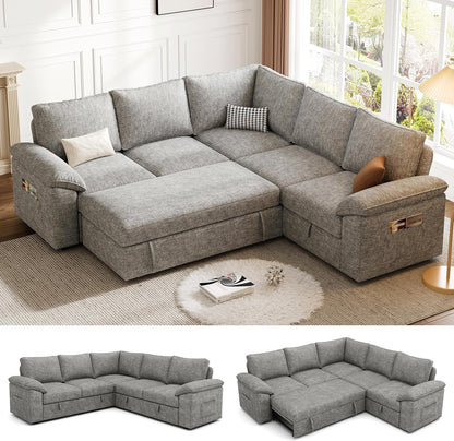 108 Inch Sectional Sleeper Sofa with Pull Out Bed, U Shaped 7 Seat Modular Sectional Sofa with Storage, Sectional Couches for Living Room, Cloud Modular Couch,Removable Sofa Cover, Dark Grey