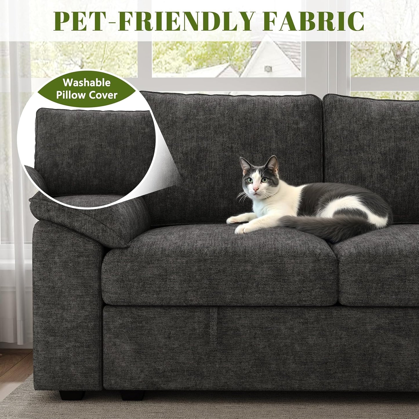 108 Inch Sectional Sleeper Sofa with Pull Out Bed, U Shaped 7 Seat Modular Sectional Sofa with Storage, Sectional Couches for Living Room, Cloud Modular Couch,Removable Sofa Cover, Dark Grey