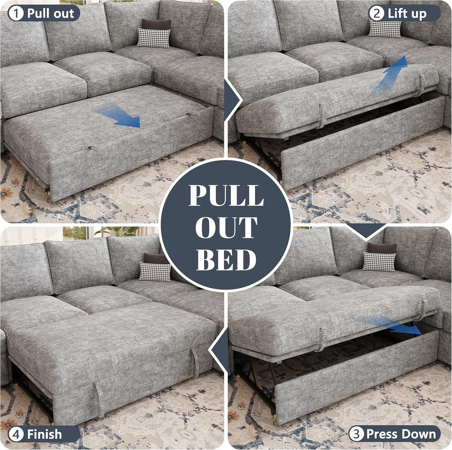 108 Inch Sectional Sleeper Sofa with Pull Out Bed, U Shaped 7 Seat Modular Sectional Sofa with Storage, Sectional Couches for Living Room, Cloud Modular Couch,Removable Sofa Cover, Dark Grey