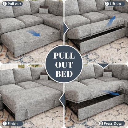 108 Inch Sectional Sleeper Sofa with Pull Out Bed, U Shaped 7 Seat Modular Sectional Sofa with Storage, Sectional Couches for Living Room, Cloud Modular Couch,Removable Sofa Cover, Dark Grey