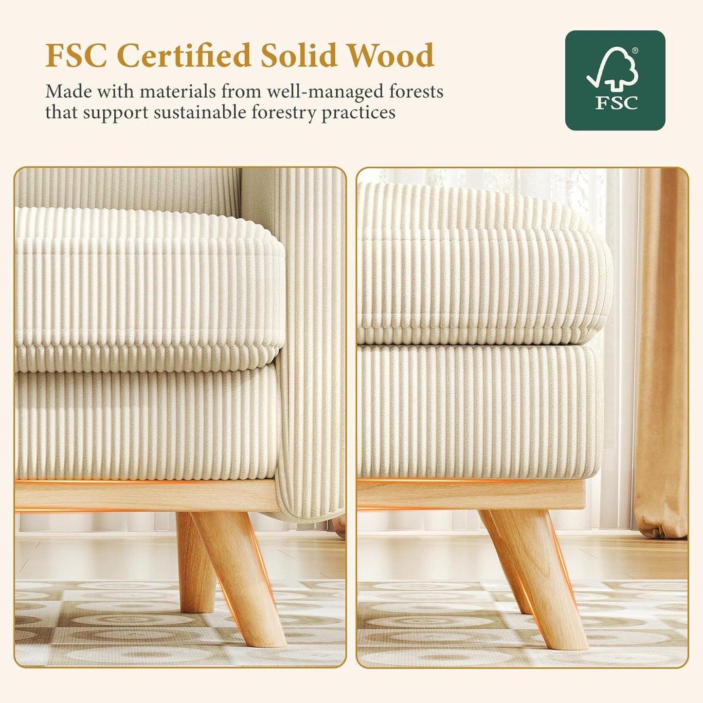 38.5" Accent Chair with Movable Ottoman, Comfy Corduroy Armchair with Spring Cushion, Reading Chair with Ottoman, Modern Single Sofa for Living Room, Bedroom and Apartment, Beige