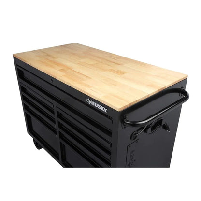 46 in. W x 24.5 in. D 9-Drawer Gloss Black Deep Tool Chest Mobile Workbench with Hardwood Top and Power Station