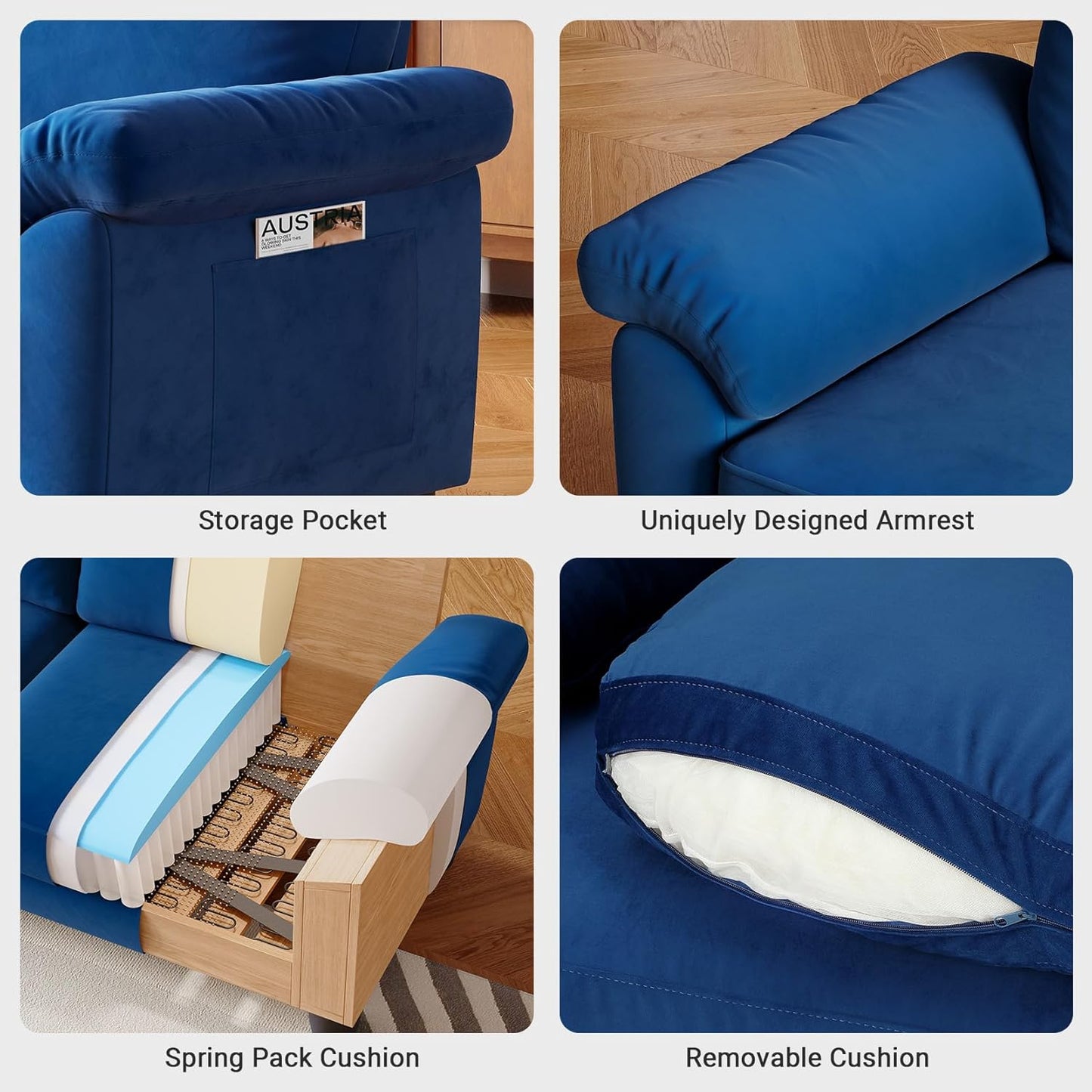 70" Living Room Couch Sofa, Velvet Deep Couches for Small Spaces, Mid Century Modern Loveseat with Storage Bag, Bedroom, Apartment, Office, Removable Sofa Cover Spring Cushions, Fast Assembly, Blue