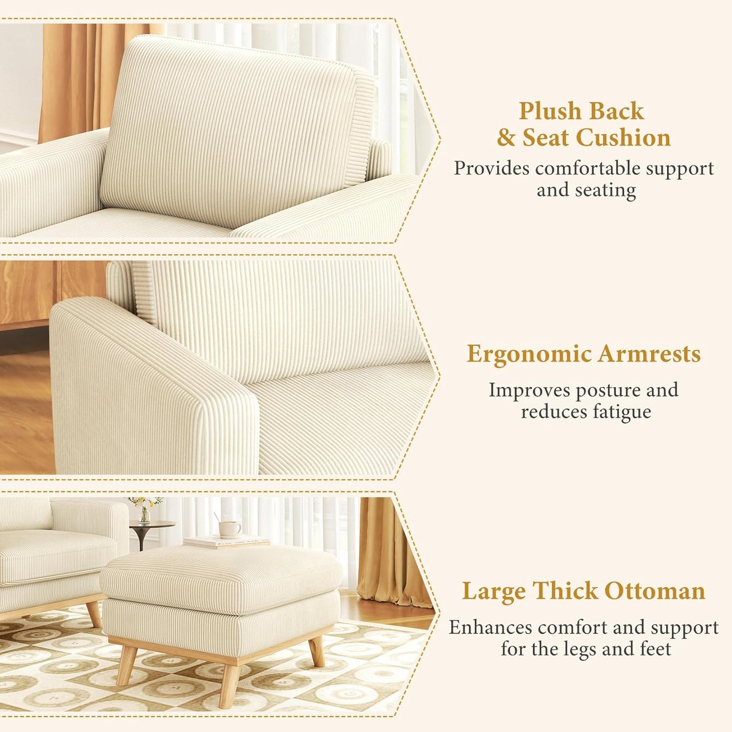 38.5" Accent Chair with Movable Ottoman, Comfy Corduroy Armchair with Spring Cushion, Reading Chair with Ottoman, Modern Single Sofa for Living Room, Bedroom and Apartment, Beige