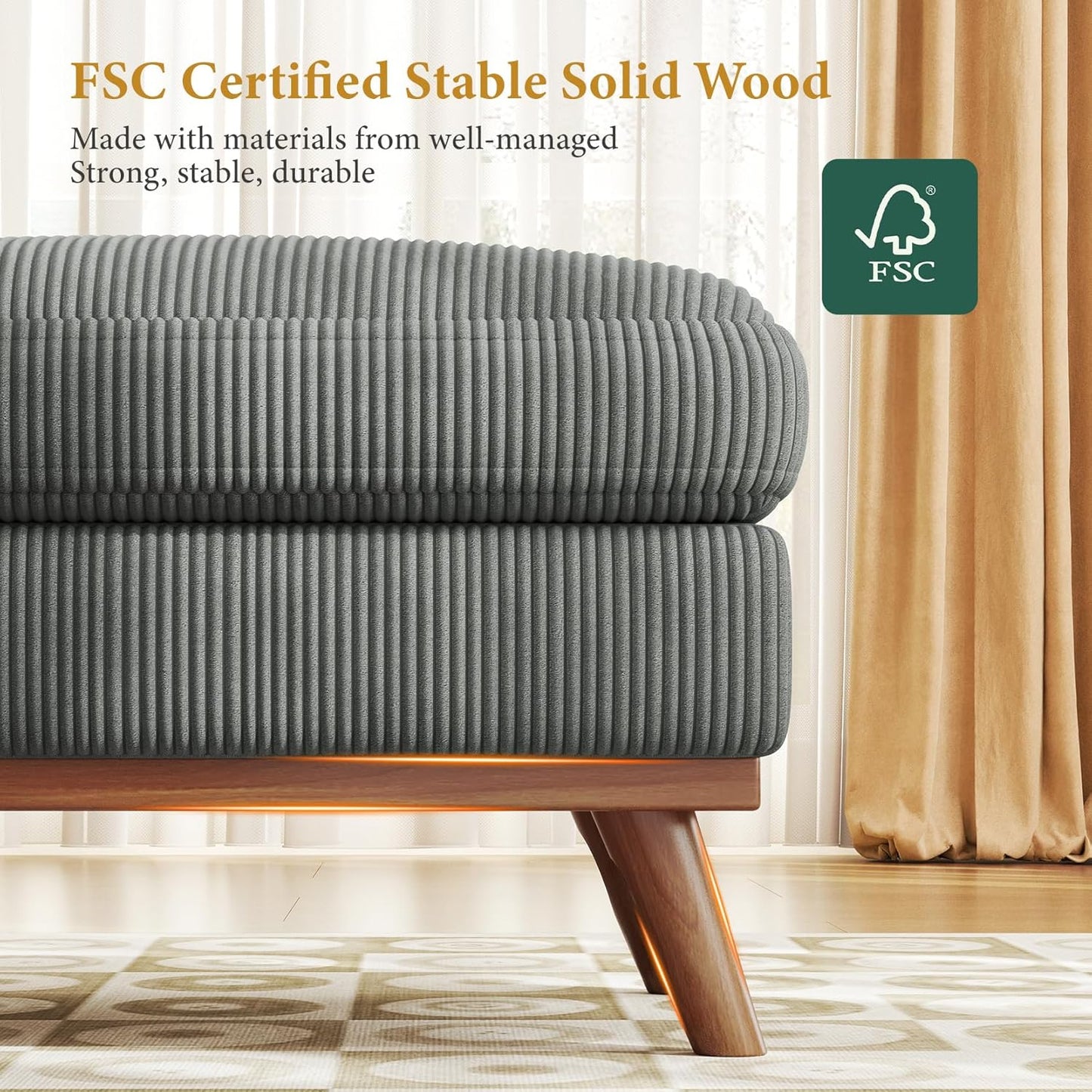 Large Ottoman for Modular Sofa, 29.5" Corduroy Ottoman with Spring Cushion, Rectangle Foot Rest for Couch, Entrance Footstool with Wood Legs, Footstool for Living Room, Bedroom, Dark Gray