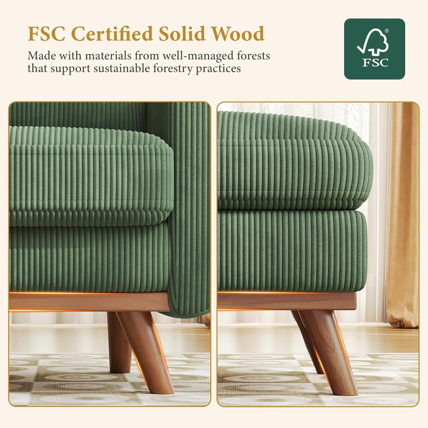 38.5" Accent Chair with Movable Ottoman, Comfy Corduroy Armchair with Spring Cushion, Reading Chair with Ottoman, Modern Single Sofa for Living Room, Bedroom and Apartment, Green