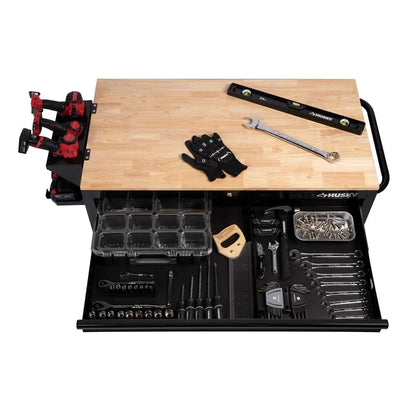46 in. W x 24.5 in. D 9-Drawer Gloss Black Deep Tool Chest Mobile Workbench with Hardwood Top and Power Station