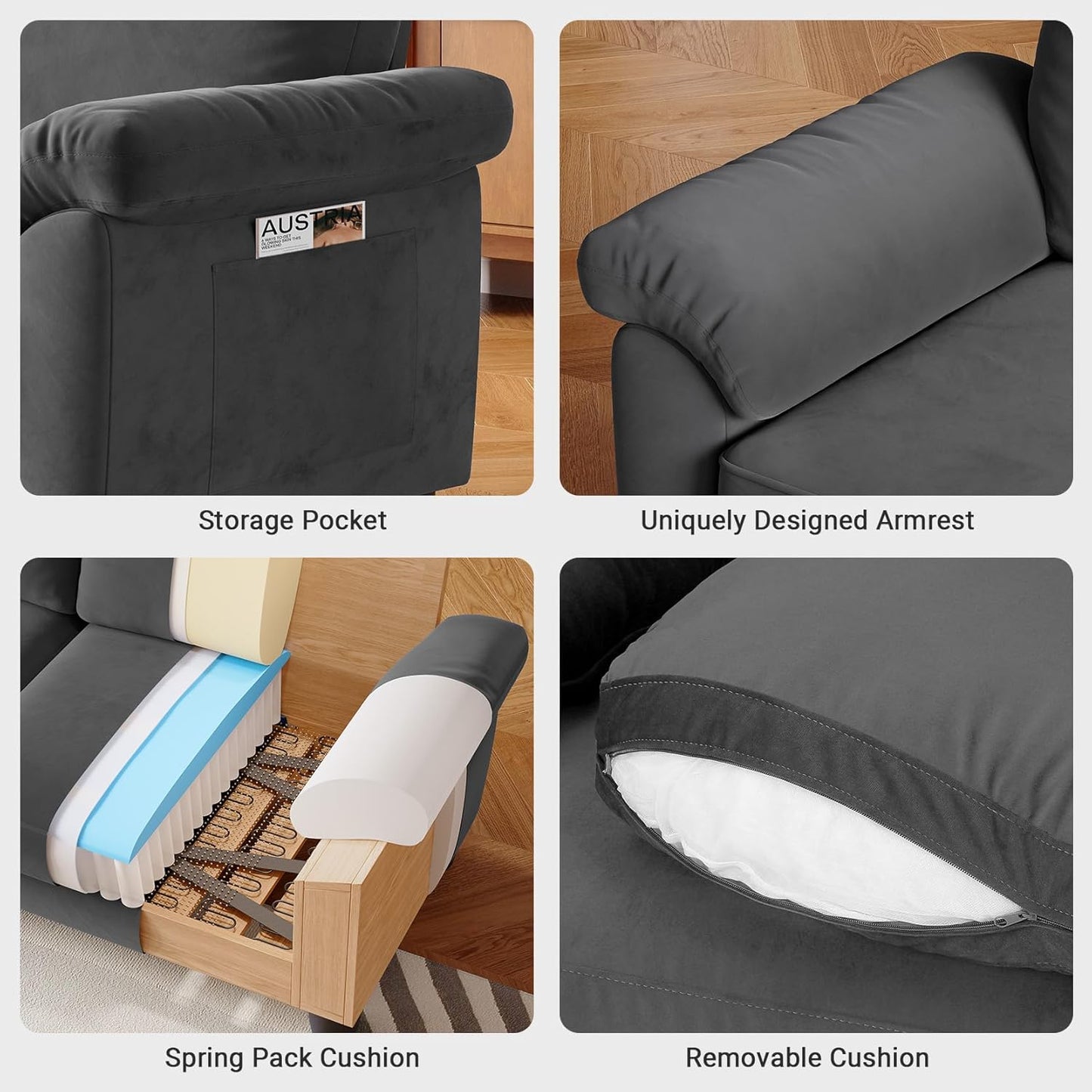 70" Sofa Living Room Couch, Velvet Deep Couches for Small Spaces, Mid Century Modern Loveseat with Storage Bag, Bedroom, Apartment, Office, Removable Sofa Cover Spring Cushions, Fast Assembly, Grey