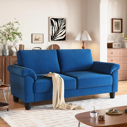 70" Living Room Couch Sofa, Velvet Deep Couches for Small Spaces, Mid Century Modern Loveseat with Storage Bag, Bedroom, Apartment, Office, Removable Sofa Cover Spring Cushions, Fast Assembly, Blue