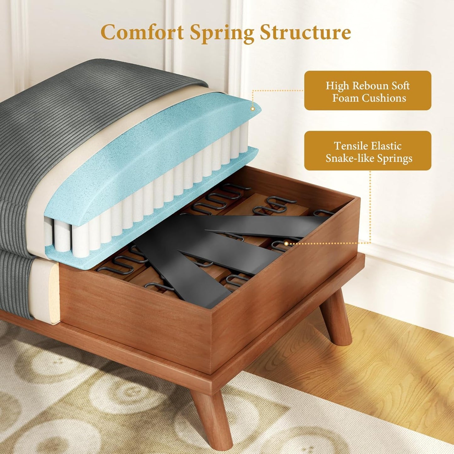 Large Ottoman for Modular Sofa, 29.5" Corduroy Ottoman with Spring Cushion, Rectangle Foot Rest for Couch, Entrance Footstool with Wood Legs, Footstool for Living Room, Bedroom, Dark Gray