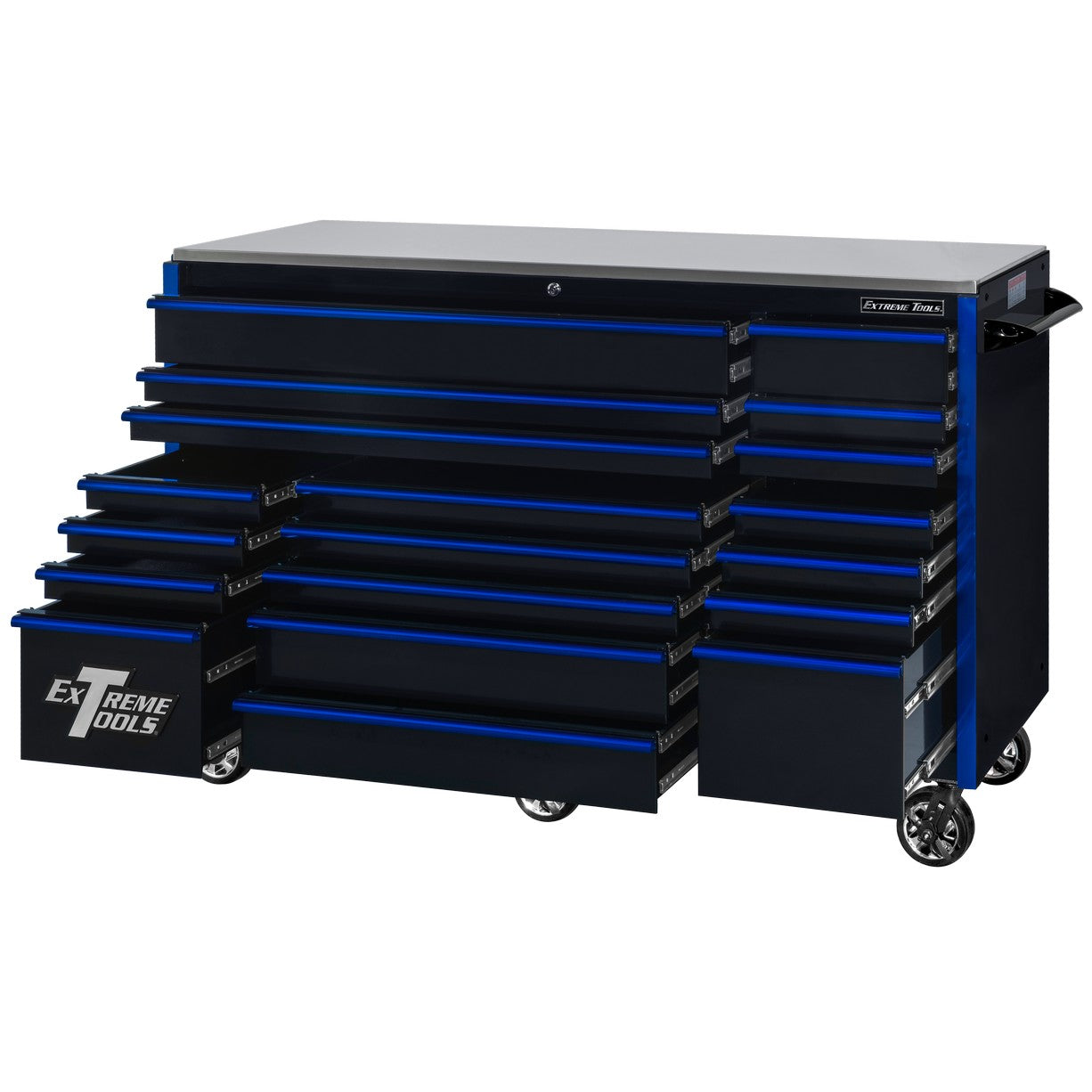 Extreme Tools 72″ x 30″, 19 Drawer Roller Cabinet with 250 lbs. drawer slides, RX 250 Series