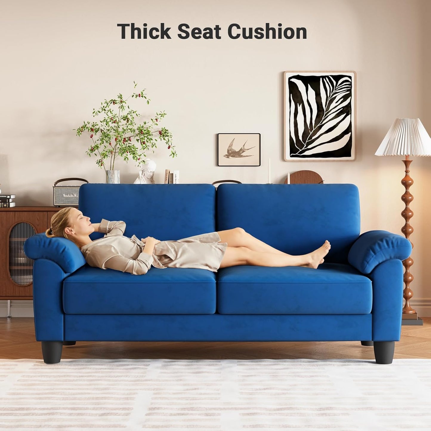 70" Living Room Couch Sofa, Velvet Deep Couches for Small Spaces, Mid Century Modern Loveseat with Storage Bag, Bedroom, Apartment, Office, Removable Sofa Cover Spring Cushions, Fast Assembly, Blue