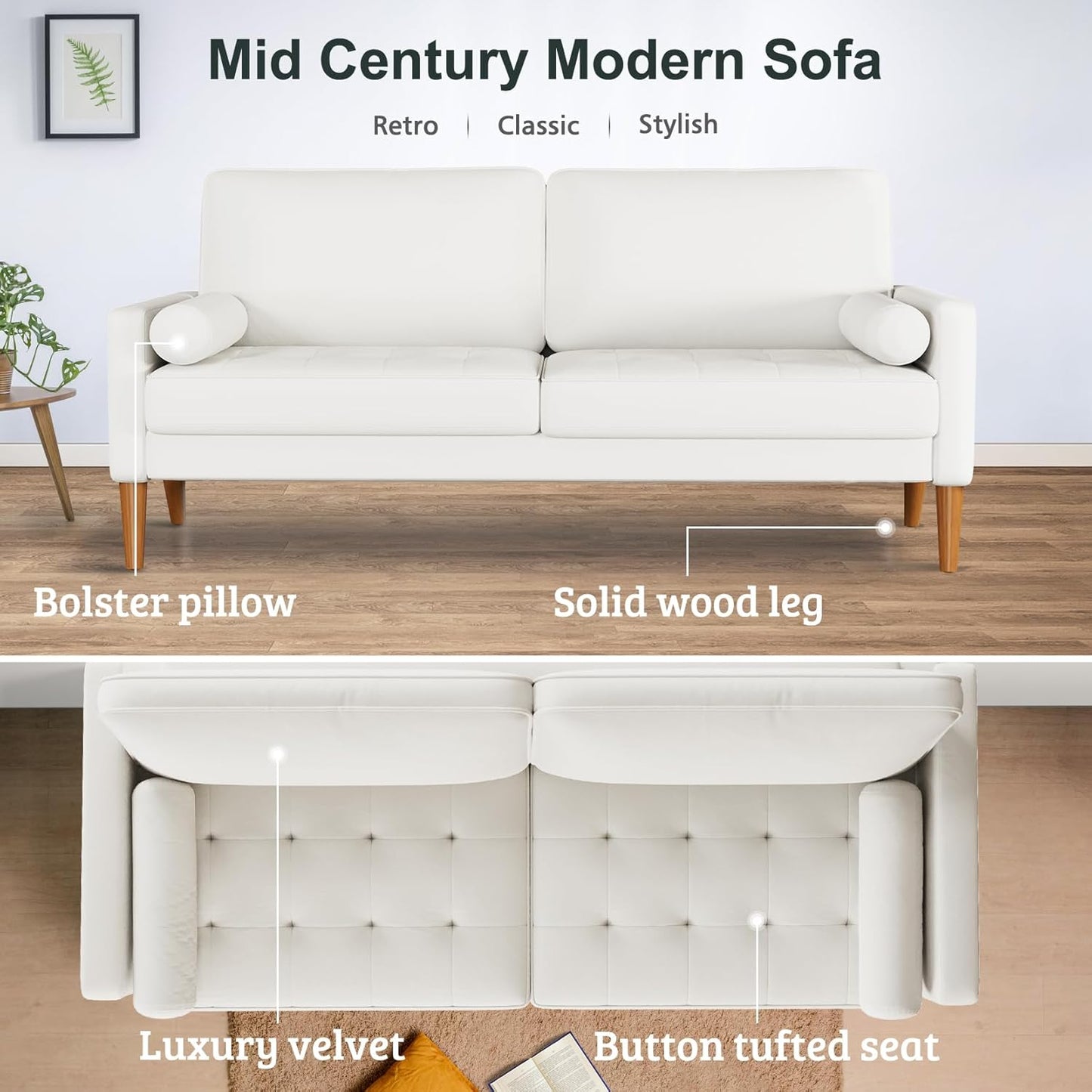 68" Beige Velvet Couch, Comfy Sofa Couch with Spring Cushions, Loveseat Sofa for Bedroom, Sturdy Wooden Small Couch for Small Spaces, Modern 3 Seater Sofa with Tufted Seat, Living Room Couch