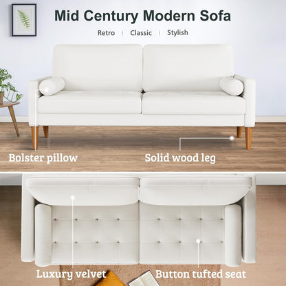 68" Beige Velvet Couch, Comfy Sofa Couch with Spring Cushions, Loveseat Sofa for Bedroom, Sturdy Wooden Small Couch for Small Spaces, Modern 3 Seater Sofa with Tufted Seat, Living Room Couch