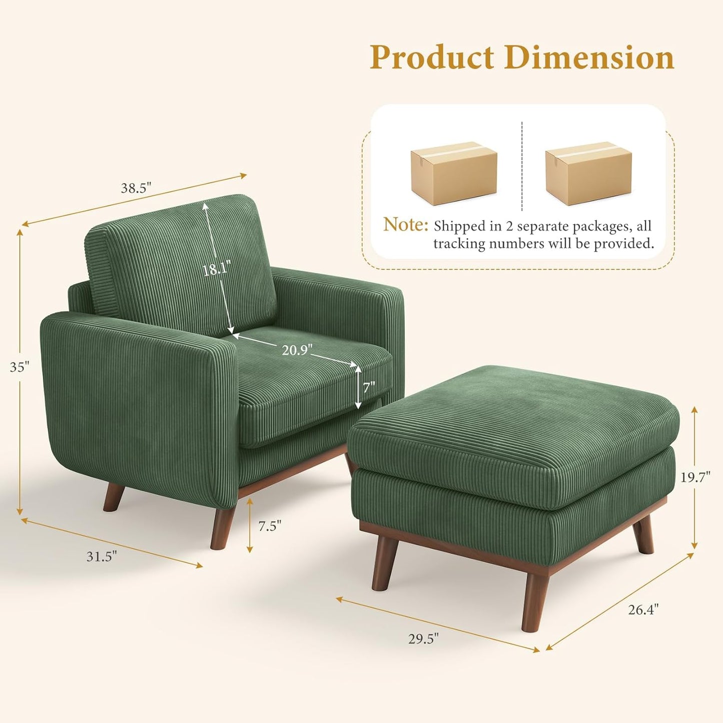 38.5" Accent Chair with Movable Ottoman, Comfy Corduroy Armchair with Spring Cushion, Reading Chair with Ottoman, Modern Single Sofa for Living Room, Bedroom and Apartment, Green